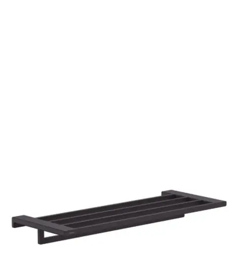 Schwarze Handtuchablage mit Halter von Hansgrohe, bestehend aus mehreren horizontalen Streifen und gestütztem Design, geeignet für Wandmontage.